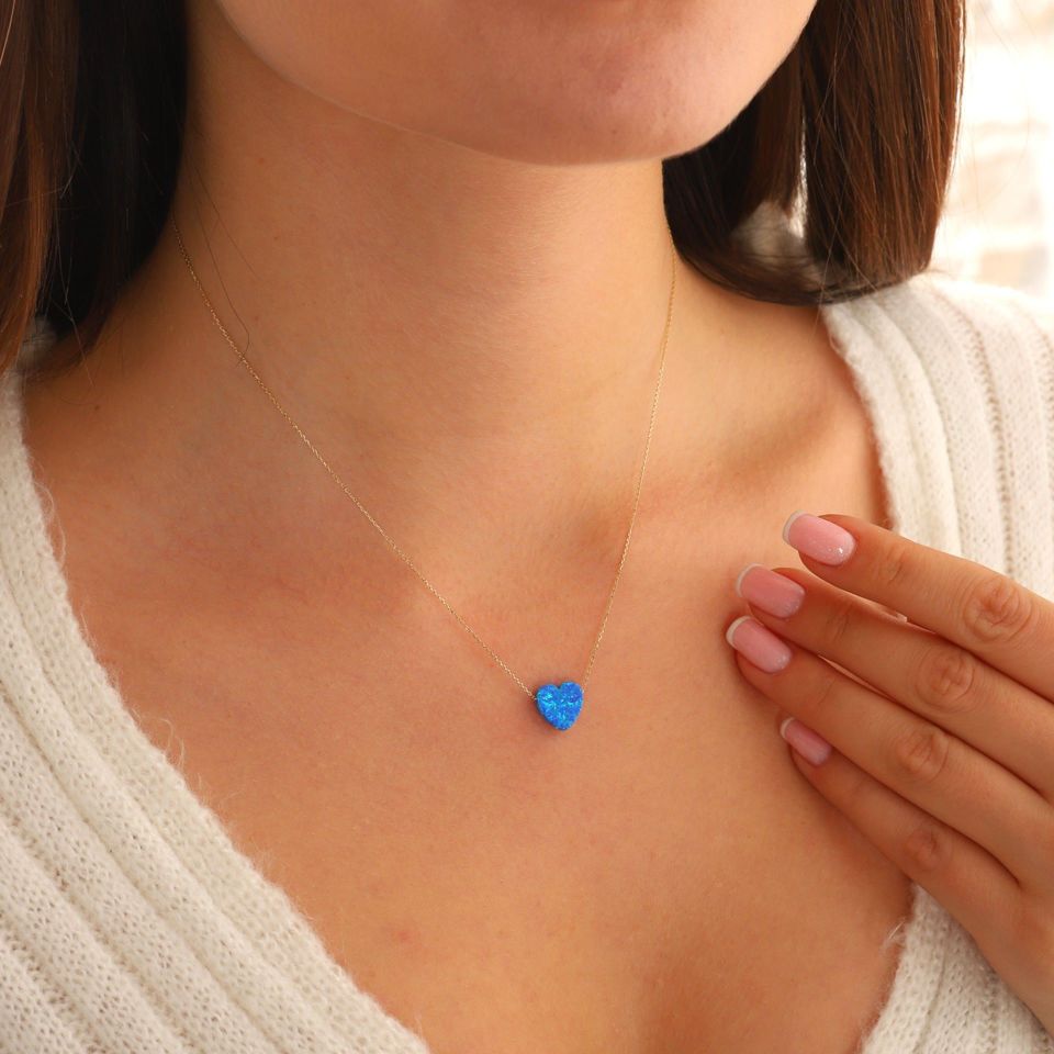 Moom Mücevherat Kadın 14 Ayar Altın Opal Taş Kalp Kolye ''45 cm''