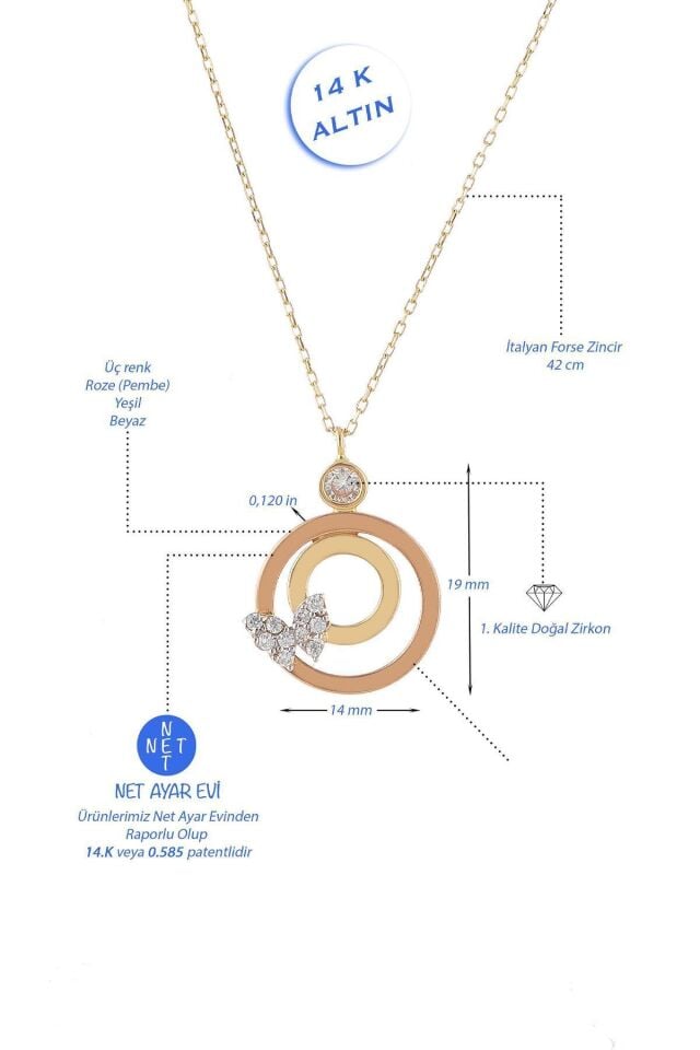 14 Ayar Altın Kolye Kelebek Desenli Altın Kolye