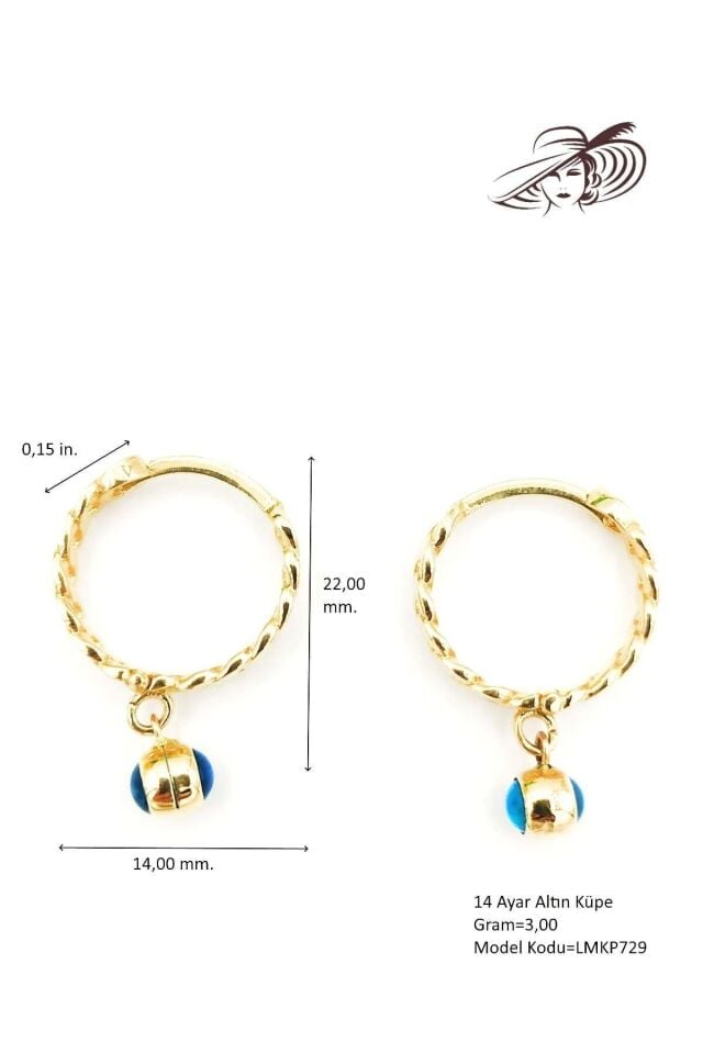 14 Ayar Altın Nazar Boncuklu Halka Küpe 2.2 Cm