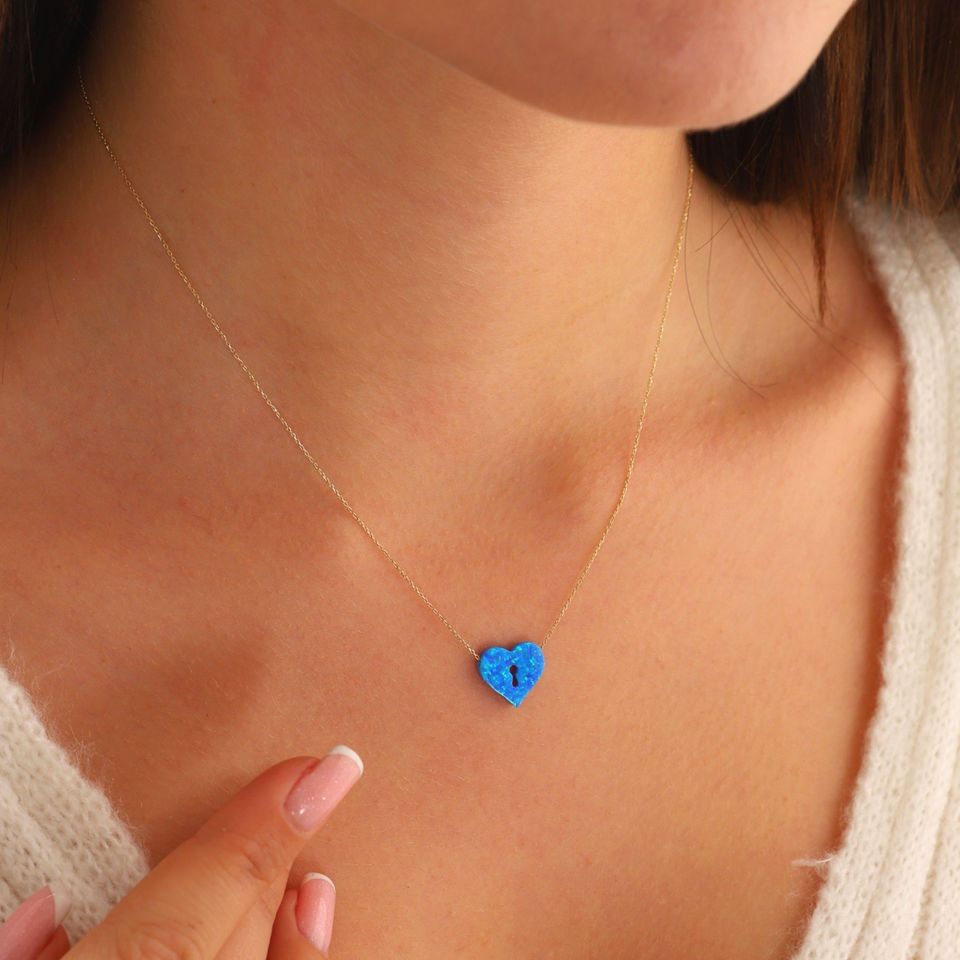 Moom Mücevherat Kadın 14 Ayar Altın Opal Taş Kalp Kolye ''45 cm''