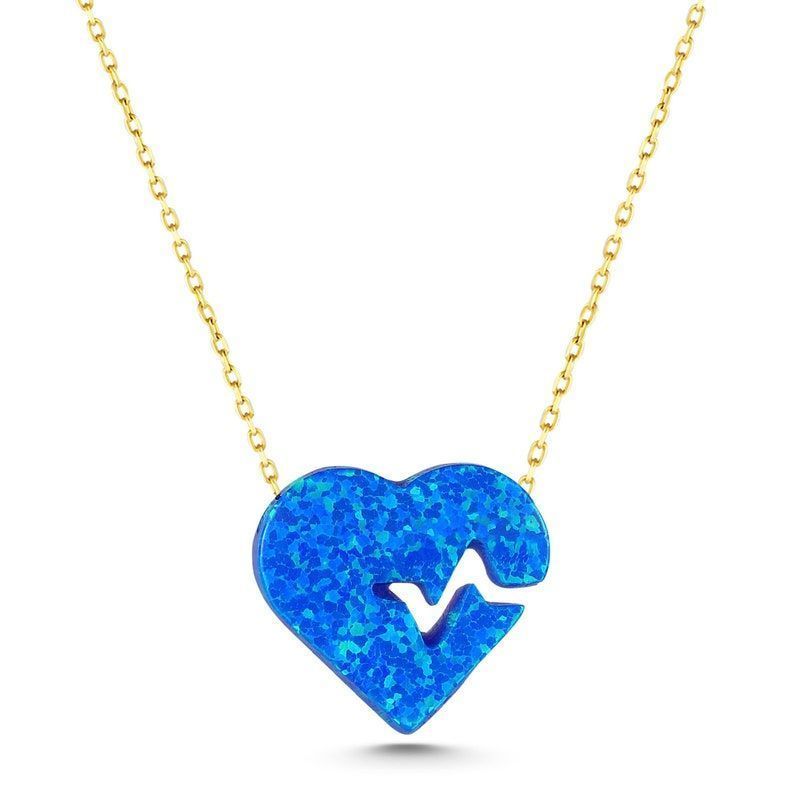 Moom Mücevherat Kadın 14 Ayar Altın Opal Taş Ritimli Kalp Kolye ''45 cm''