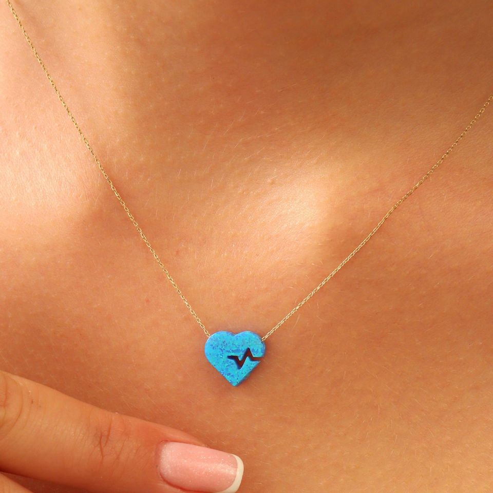 Moom Mücevherat Kadın 14 Ayar Altın Opal Taş Ritimli Kalp Kolye ''45 cm''