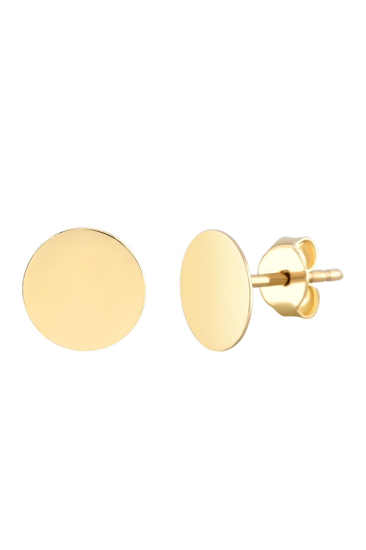 14 Ayar Altın Minimalist Vidalı Plaka Küpe 1.3 Cm
