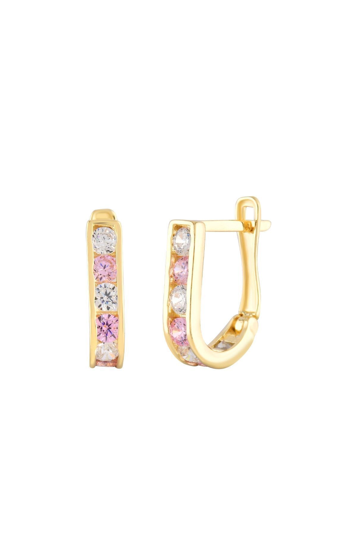 14 Ayar Altın Minimalist Pembe Taşlı Küpe 1.3 Cm