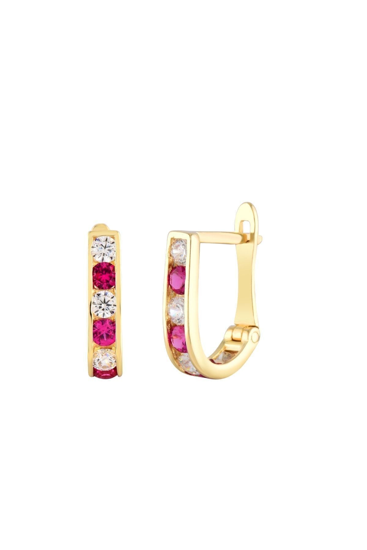 14 Ayar Altın Minimalist Kırmızı Taşlı Küpe 1.3 Cm