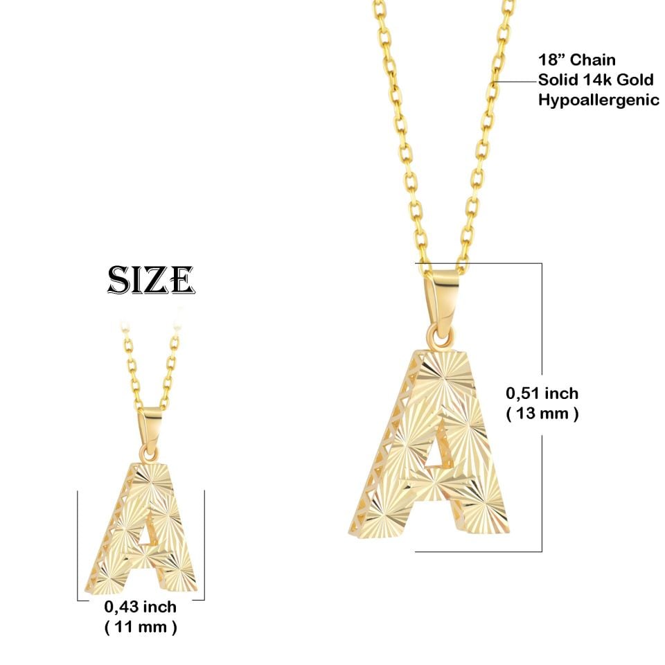 MOOM ÜCEVHERAT Kadın 14 Ayar Altın Harf Kolye A & Z Harfi Altın Kolye Zincirli Kalemli Işıltılı Desenli