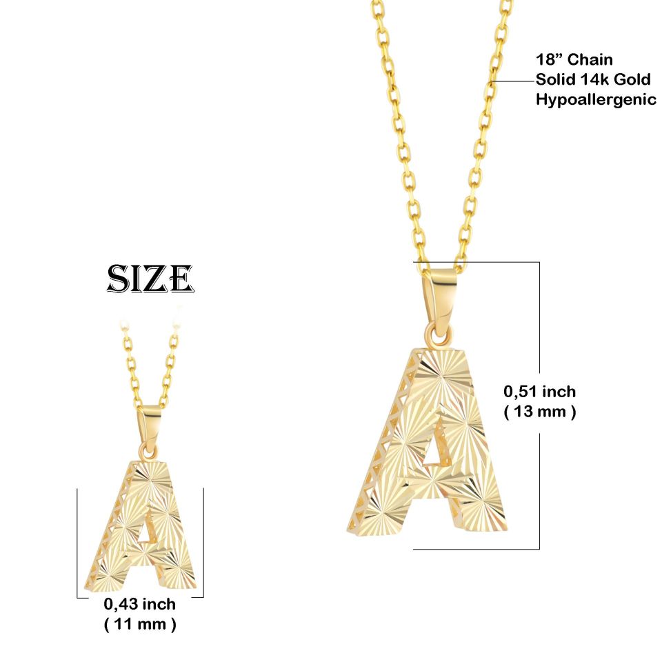 MOOM ÜCEVHERAT Kadın 14 Ayar Altın Harf Kolye A & Z Harfi Altın Kolye Zincirli Kalemli Işıltılı Desenli 42 cm A