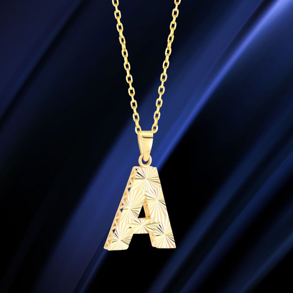 MOOM ÜCEVHERAT Kadın 14 Ayar Altın Harf Kolye A & Z Harfi Altın Kolye Zincirli Kalemli Işıltılı Desenli 42 cm A