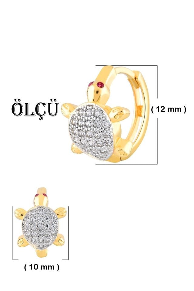 14 Ayar Altın Minimalist Taşlı Kaplumbağa Halka Küpe 1.2 Cm