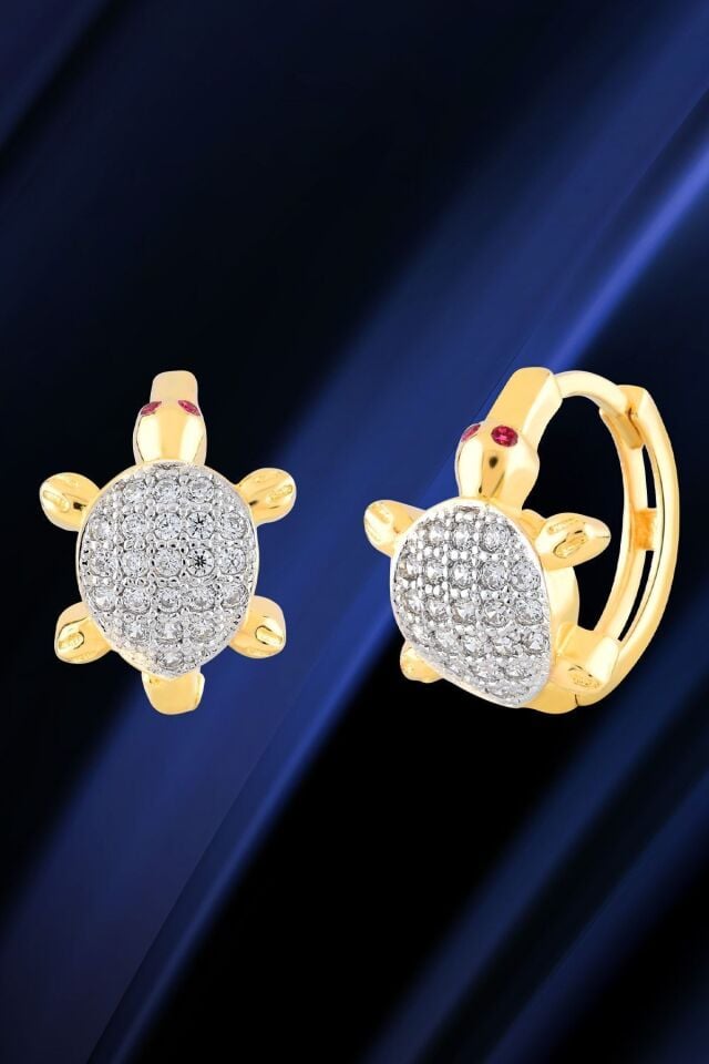 14 Ayar Altın Minimalist Taşlı Kaplumbağa Halka Küpe 1.2 Cm