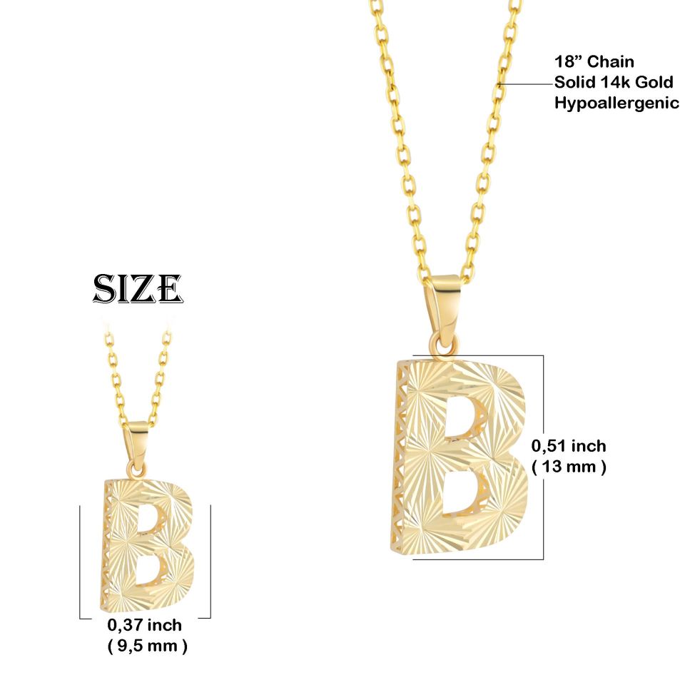 MOOM ÜCEVHERAT Kadın 14 Ayar Altın Harf Kolye A & Z Harfi Altın Kolye Zincirli Kalemli Işıltılı Desenli 42 cm B