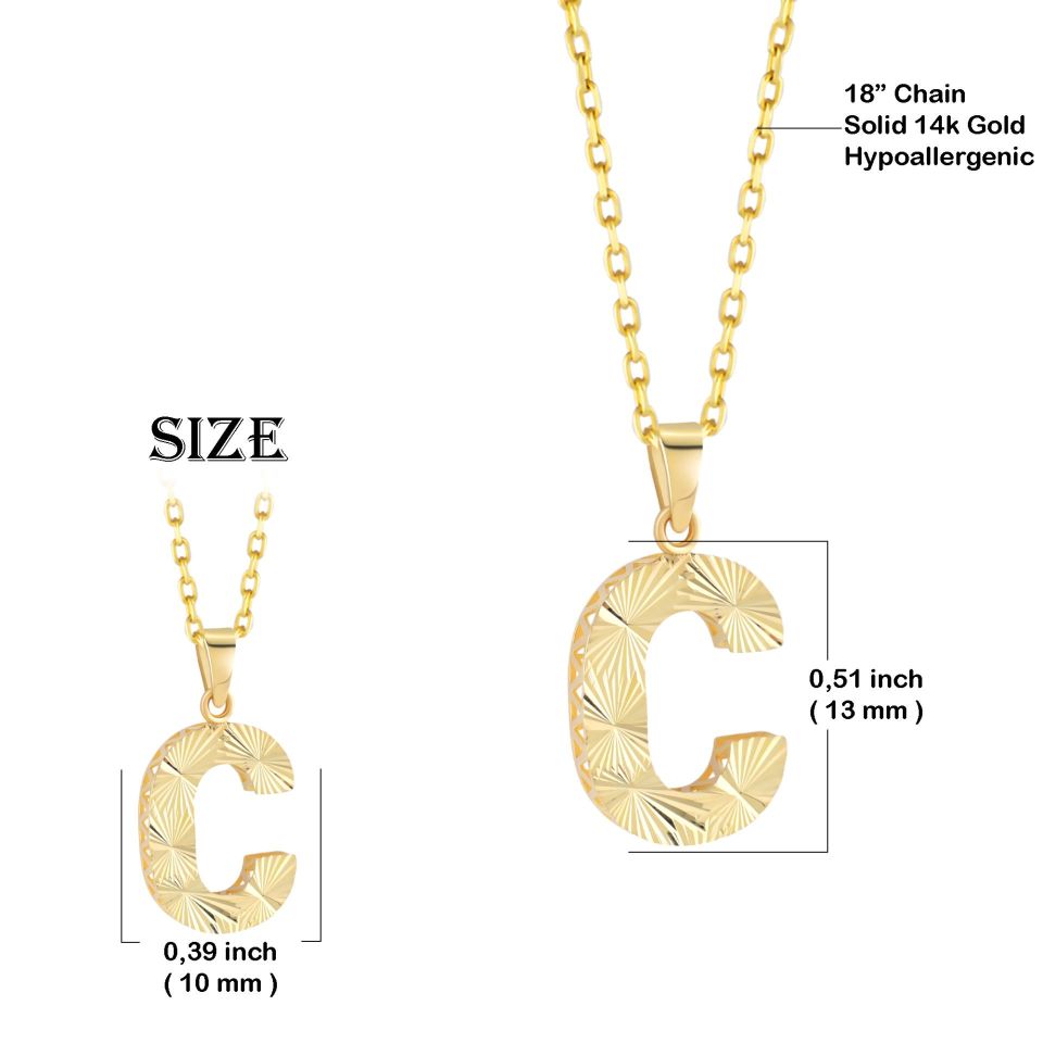 MOOM ÜCEVHERAT Kadın 14 Ayar Altın Harf Kolye A & Z Harfi Altın Kolye Zincirli Kalemli Işıltılı Desenli 42 cm C