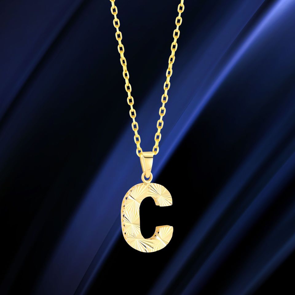 MOOM ÜCEVHERAT Kadın 14 Ayar Altın Harf Kolye A & Z Harfi Altın Kolye Zincirli Kalemli Işıltılı Desenli 42 cm C
