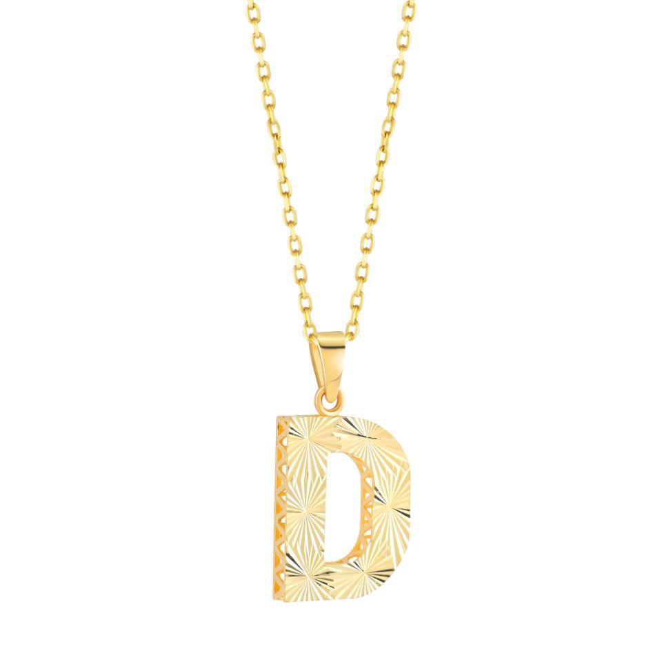 MOOM ÜCEVHERAT Kadın 14 Ayar Altın Harf Kolye A & Z Harfi Altın Kolye Zincirli Kalemli Işıltılı Desenli 42 cm D