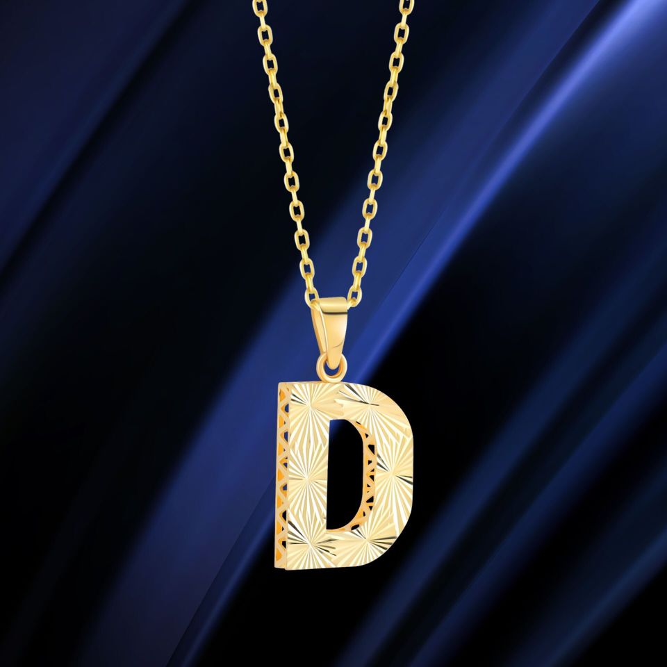 MOOM ÜCEVHERAT Kadın 14 Ayar Altın Harf Kolye A & Z Harfi Altın Kolye Zincirli Kalemli Işıltılı Desenli 42 cm D
