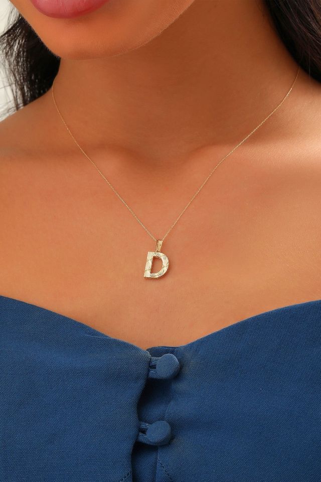 MOOM ÜCEVHERAT Kadın 14 Ayar Altın Harf Kolye A & Z Harfi Altın Kolye Zincirli Kalemli Işıltılı Desenli 42 cm D