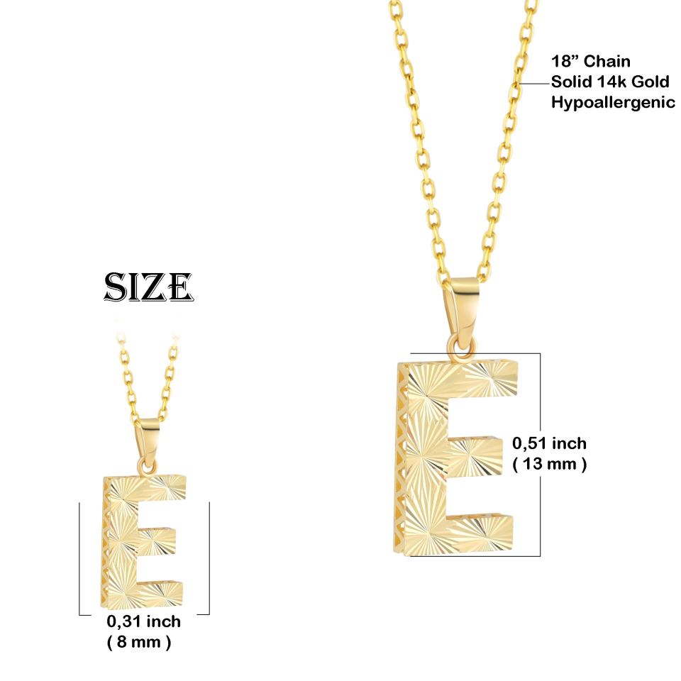 MOOM ÜCEVHERAT Kadın 14 Ayar Altın Harf Kolye A & Z Harfi Altın Kolye Zincirli Kalemli Işıltılı Desenli 42 cm E