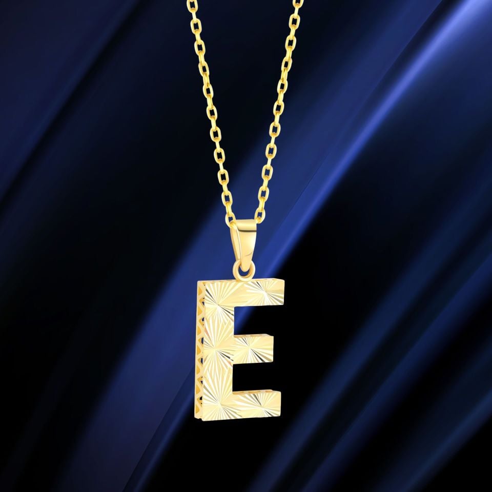 MOOM ÜCEVHERAT Kadın 14 Ayar Altın Harf Kolye A & Z Harfi Altın Kolye Zincirli Kalemli Işıltılı Desenli 42 cm E