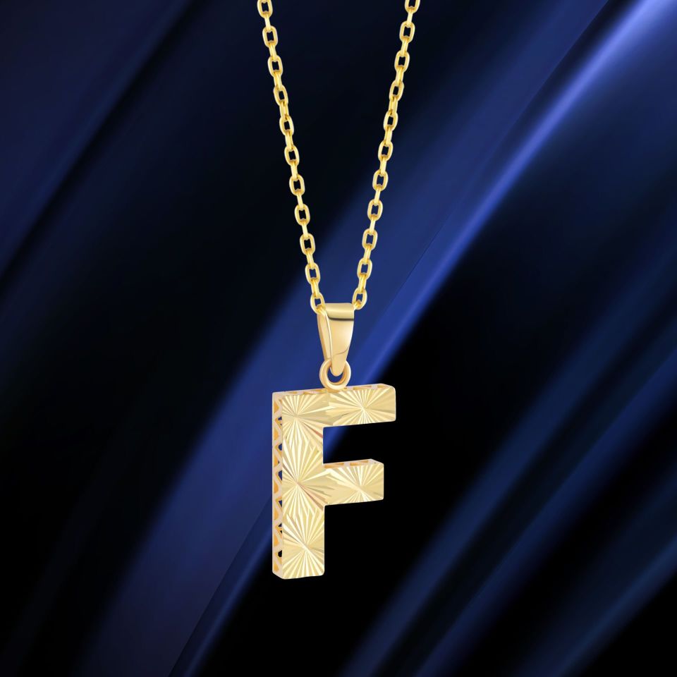 MOOM ÜCEVHERAT Kadın 14 Ayar Altın Harf Kolye A & Z Harfi Altın Kolye Zincirli Kalemli Işıltılı Desenli 42 cm F