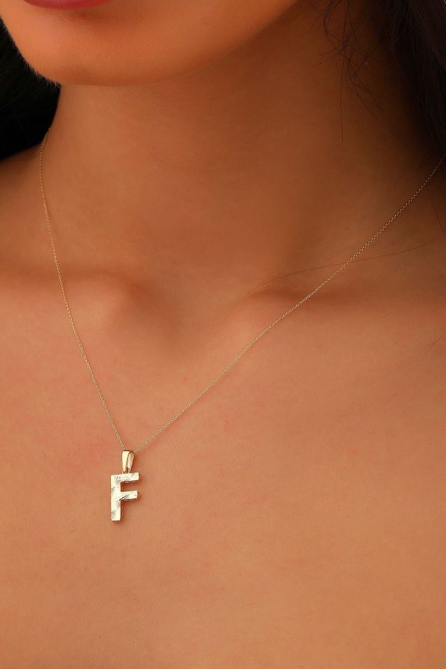 MOOM ÜCEVHERAT Kadın 14 Ayar Altın Harf Kolye A & Z Harfi Altın Kolye Zincirli Kalemli Işıltılı Desenli 42 cm F