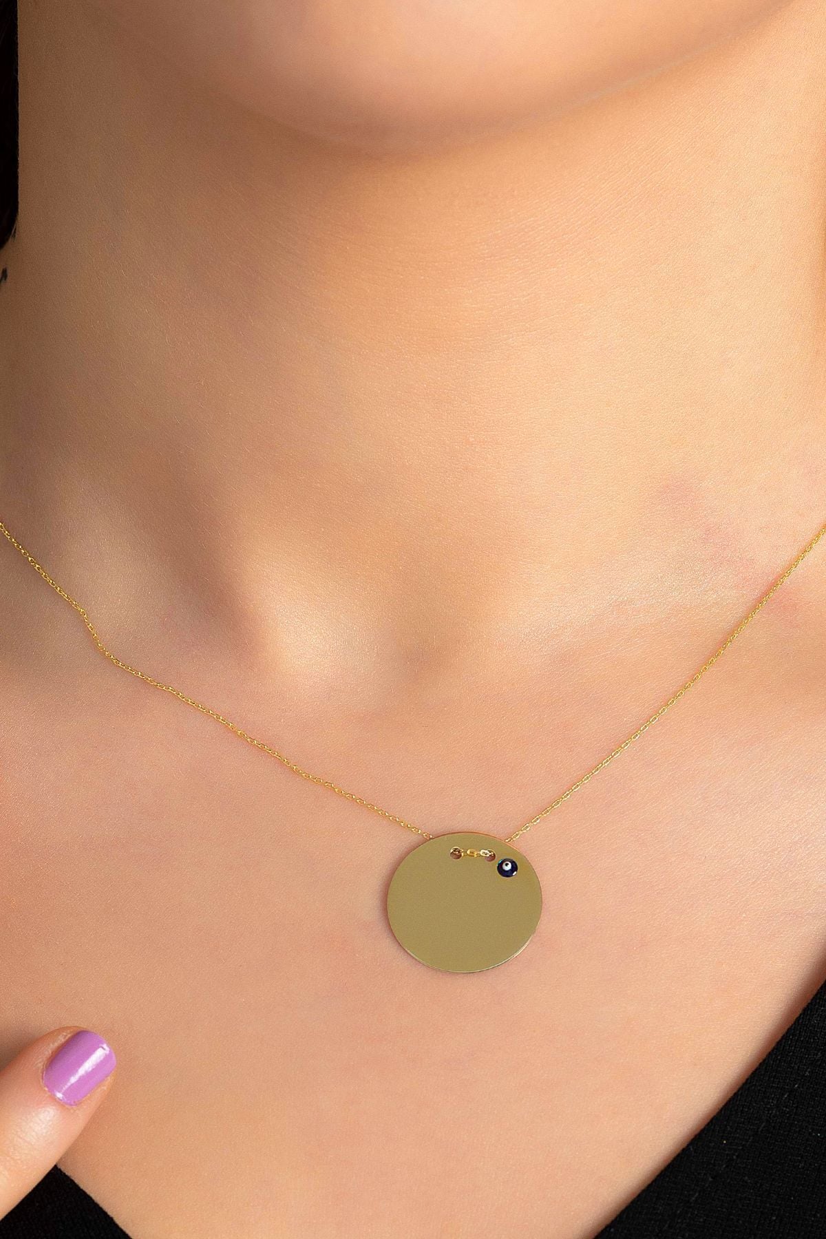 14 Ayar Altın Nazar Gözlü Plaka Altın Kolye 2,5 Cm Çapında Plaka