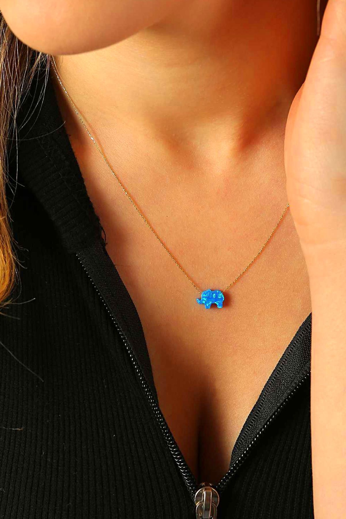 14 Ayar Altın Kolye Mavi Sedef Fil Altın Zincirli Kolye