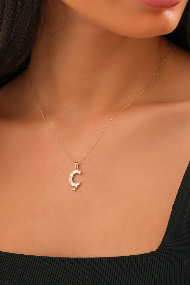 MOOM ÜCEVHERAT Kadın 14 Ayar Altın Harf Kolye A & Z Harfi Altın Kolye Zincirli Kalemli Işıltılı Desenli 42 cm Ç