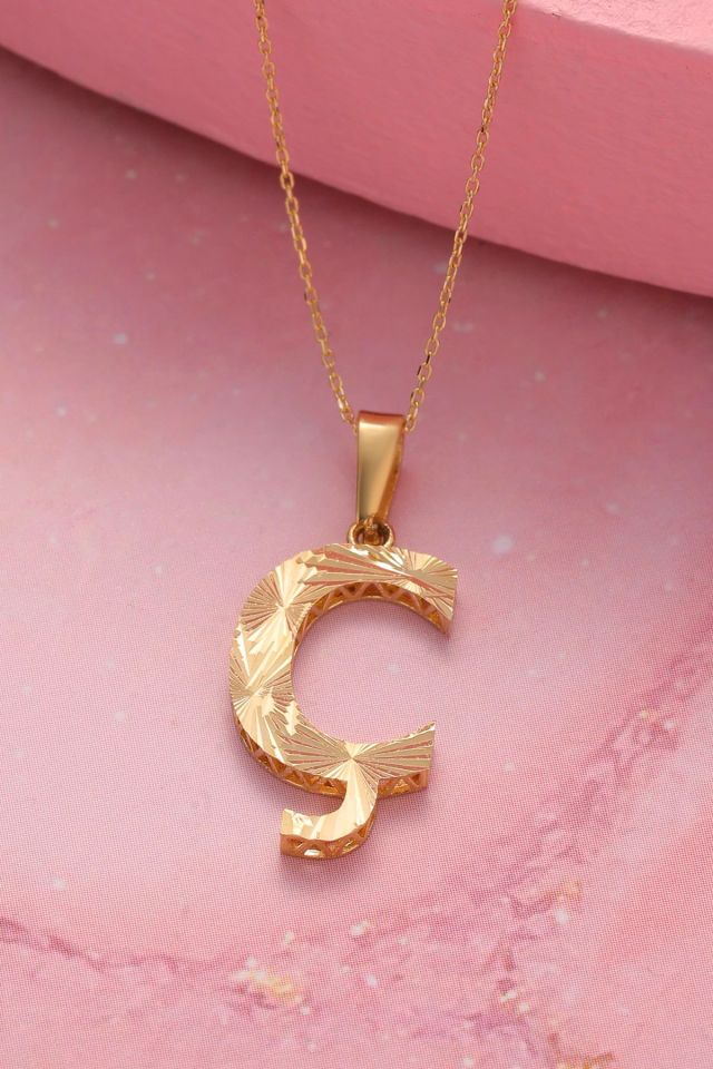 MOOM ÜCEVHERAT Kadın 14 Ayar Altın Harf Kolye A & Z Harfi Altın Kolye Zincirli Kalemli Işıltılı Desenli 42 cm Ç