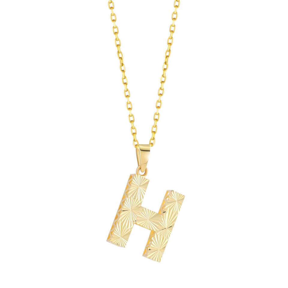MOOM ÜCEVHERAT Kadın 14 Ayar Altın Harf Kolye A & Z Harfi Altın Kolye Zincirli Kalemli Işıltılı Desenli 42 cm H