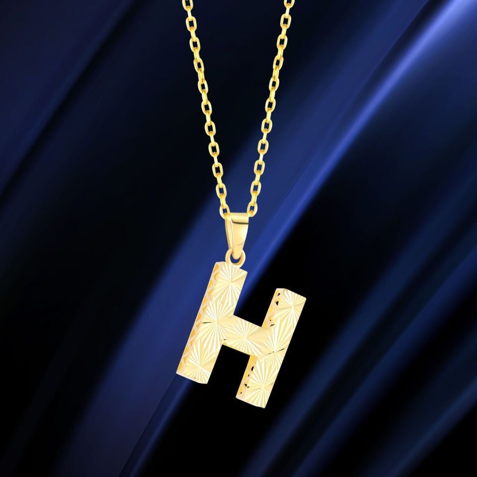 MOOM ÜCEVHERAT Kadın 14 Ayar Altın Harf Kolye A & Z Harfi Altın Kolye Zincirli Kalemli Işıltılı Desenli 42 cm H