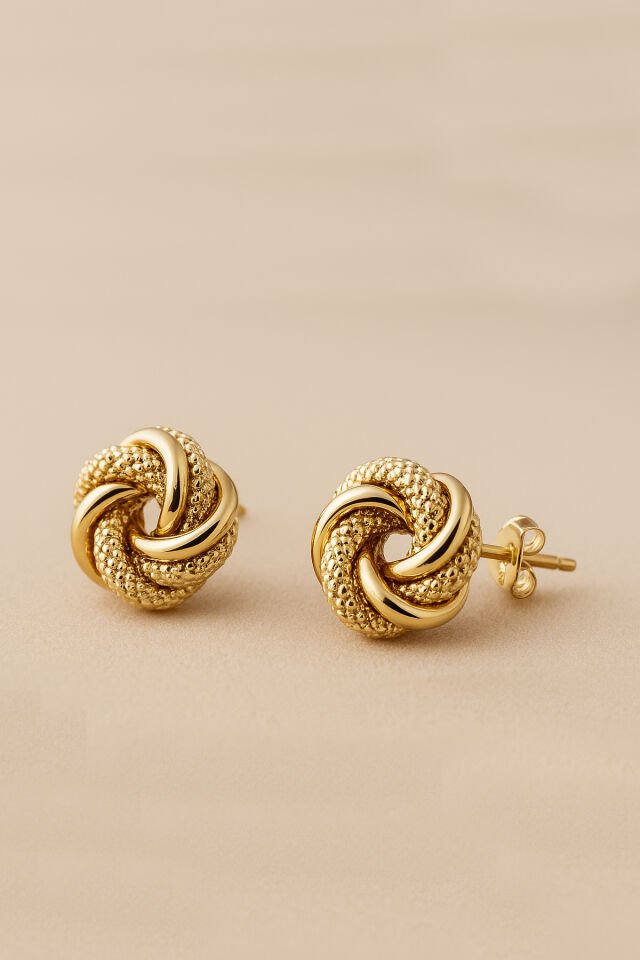 14 Ayar Altın Yuvarlak Burgulu Küpe Düğüm Küpe