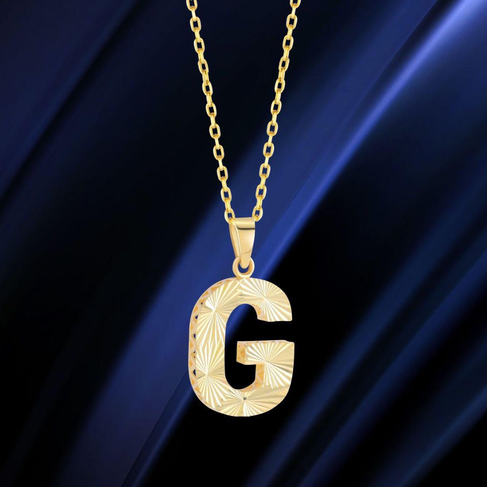 MOOM ÜCEVHERAT Kadın 14 Ayar Altın Harf Kolye A & Z Harfi Altın Kolye Zincirli Kalemli Işıltılı Desenli 42 cm G
