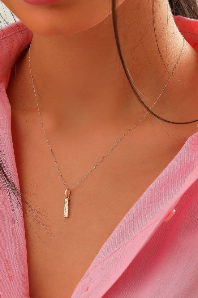 MOOM ÜCEVHERAT Kadın 14 Ayar Altın Harf Kolye A & Z Harfi Altın Kolye Zincirli Kalemli Işıltılı Desenli 42 cm I