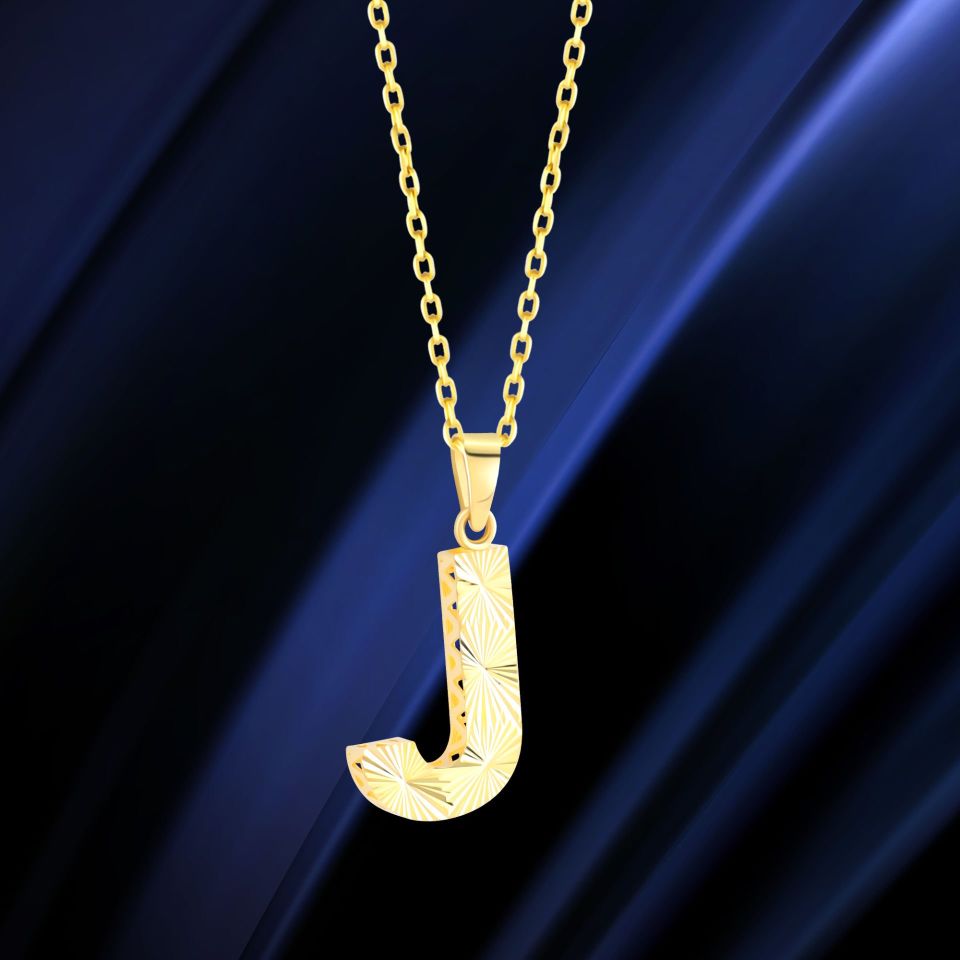 MOOM ÜCEVHERAT Kadın 14 Ayar Altın Harf Kolye A & Z Harfi Altın Kolye Zincirli Kalemli Işıltılı Desenli 42 cm J