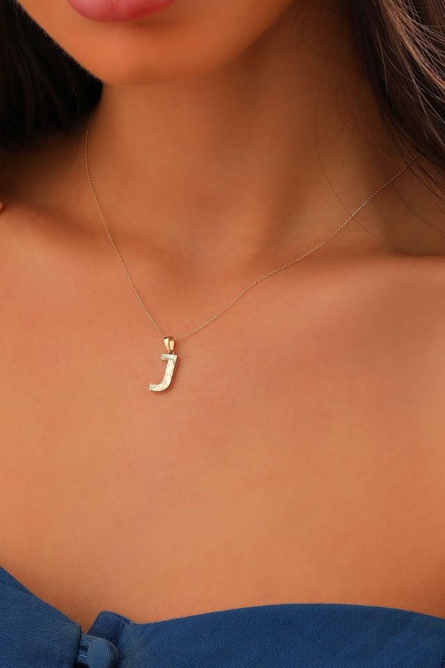 MOOM ÜCEVHERAT Kadın 14 Ayar Altın Harf Kolye A & Z Harfi Altın Kolye Zincirli Kalemli Işıltılı Desenli 42 cm J