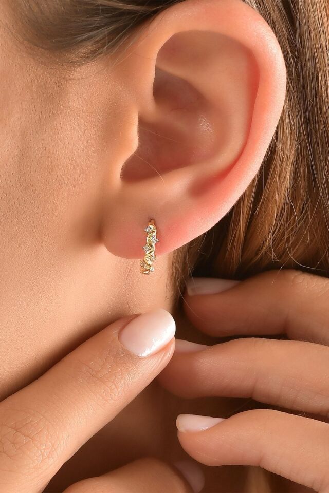 14 Ayar Altın Minimalist Taşlı Modern Halka Küpe 1.7 Cm