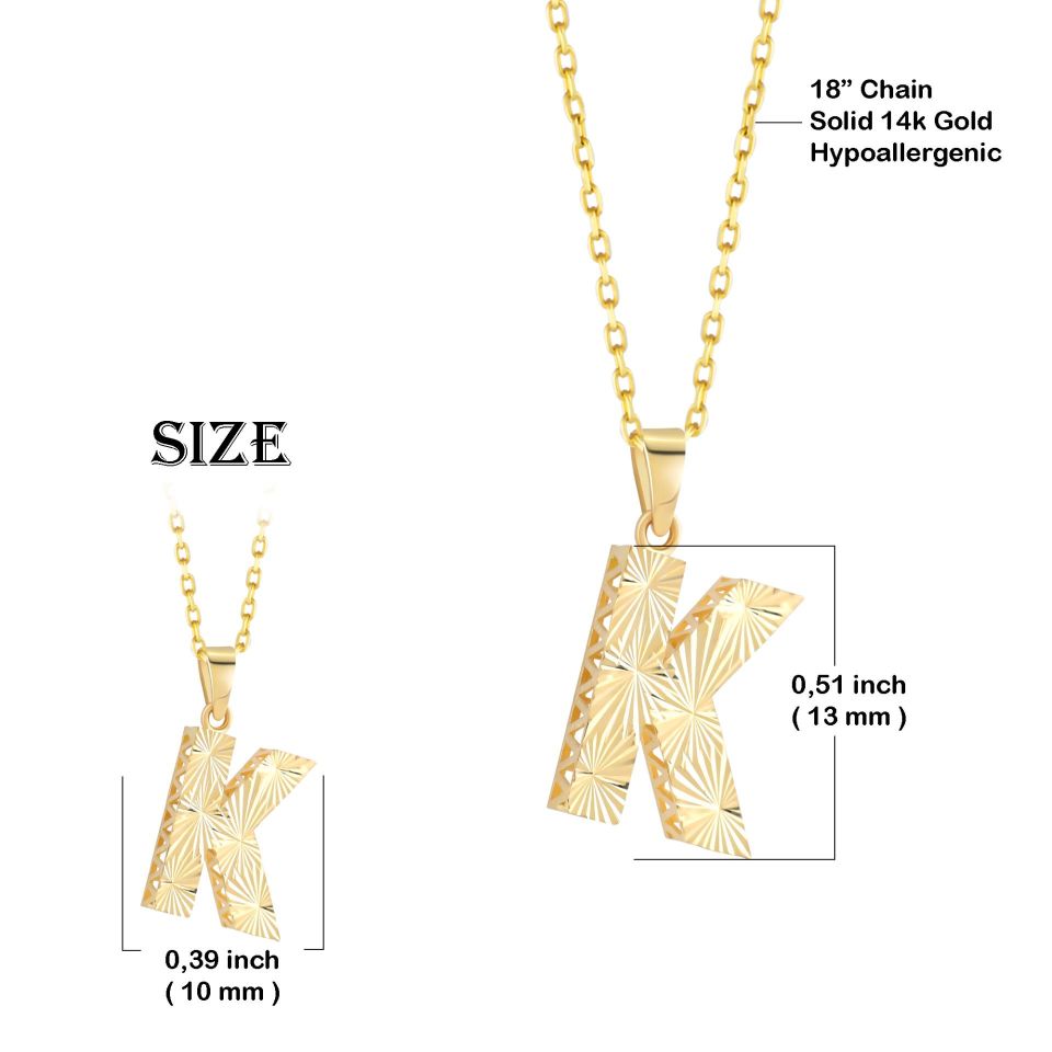 MOOM ÜCEVHERAT Kadın 14 Ayar Altın Harf Kolye A & Z Harfi Altın Kolye Zincirli Kalemli Işıltılı Desenli 42 cm K