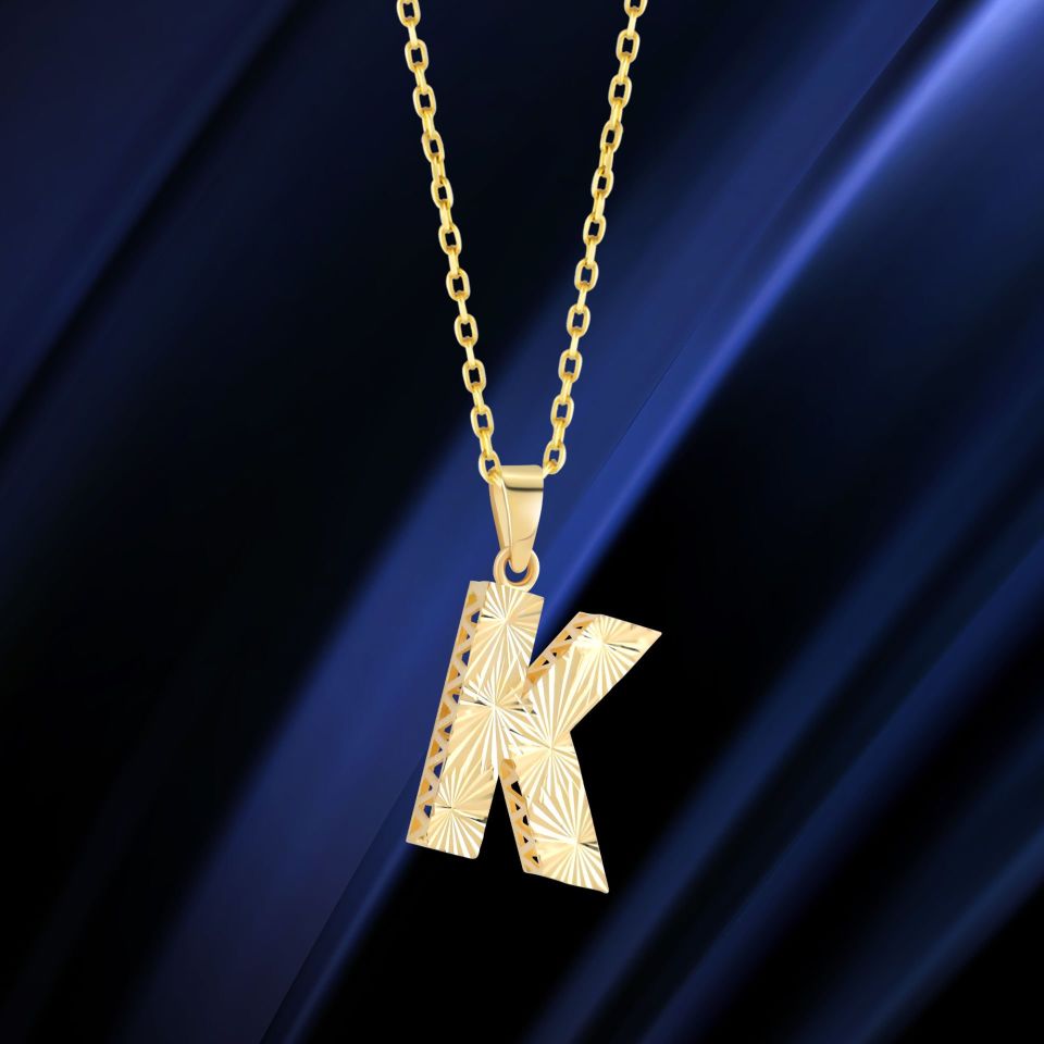 MOOM ÜCEVHERAT Kadın 14 Ayar Altın Harf Kolye A & Z Harfi Altın Kolye Zincirli Kalemli Işıltılı Desenli 42 cm K