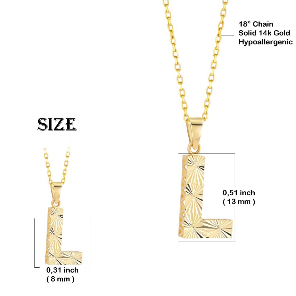 MOOM ÜCEVHERAT Kadın 14 Ayar Altın Harf Kolye A & Z Harfi Altın Kolye Zincirli Kalemli Işıltılı Desenli 42 cm L