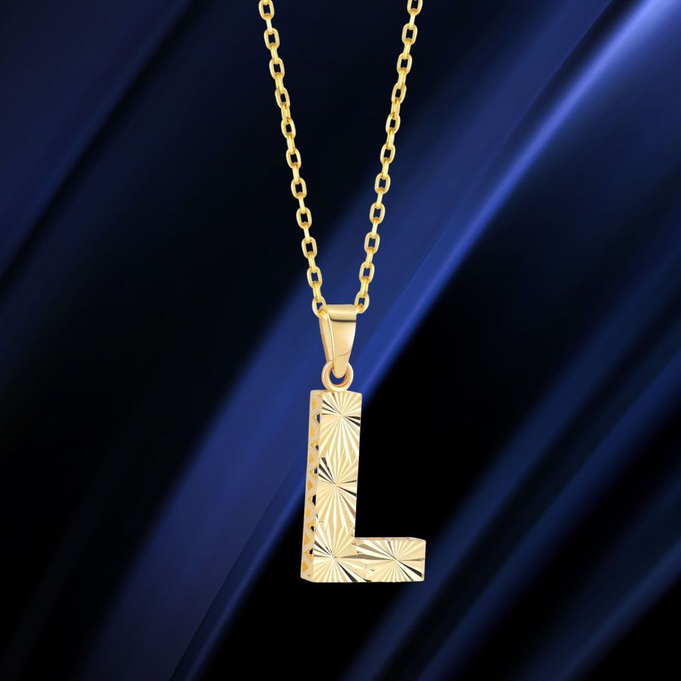 MOOM ÜCEVHERAT Kadın 14 Ayar Altın Harf Kolye A & Z Harfi Altın Kolye Zincirli Kalemli Işıltılı Desenli 42 cm L