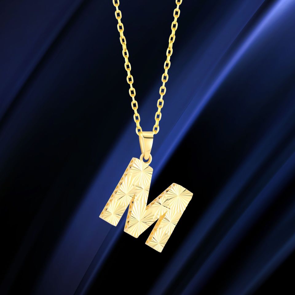 MOOM ÜCEVHERAT Kadın 14 Ayar Altın Harf Kolye A & Z Harfi Altın Kolye Zincirli Kalemli Işıltılı Desenli 42 cm M