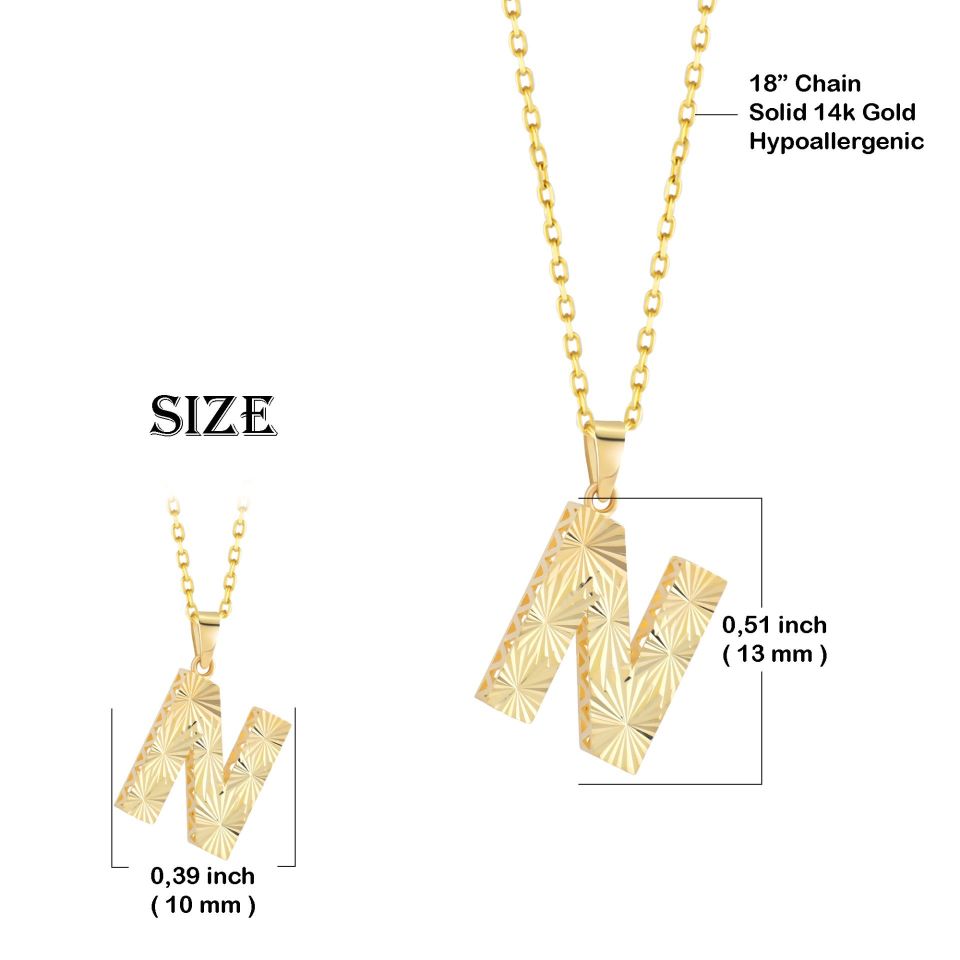 MOOM ÜCEVHERAT Kadın 14 Ayar Altın Harf Kolye A & Z Harfi Altın Kolye Zincirli Kalemli Işıltılı Desenli 42 cm N