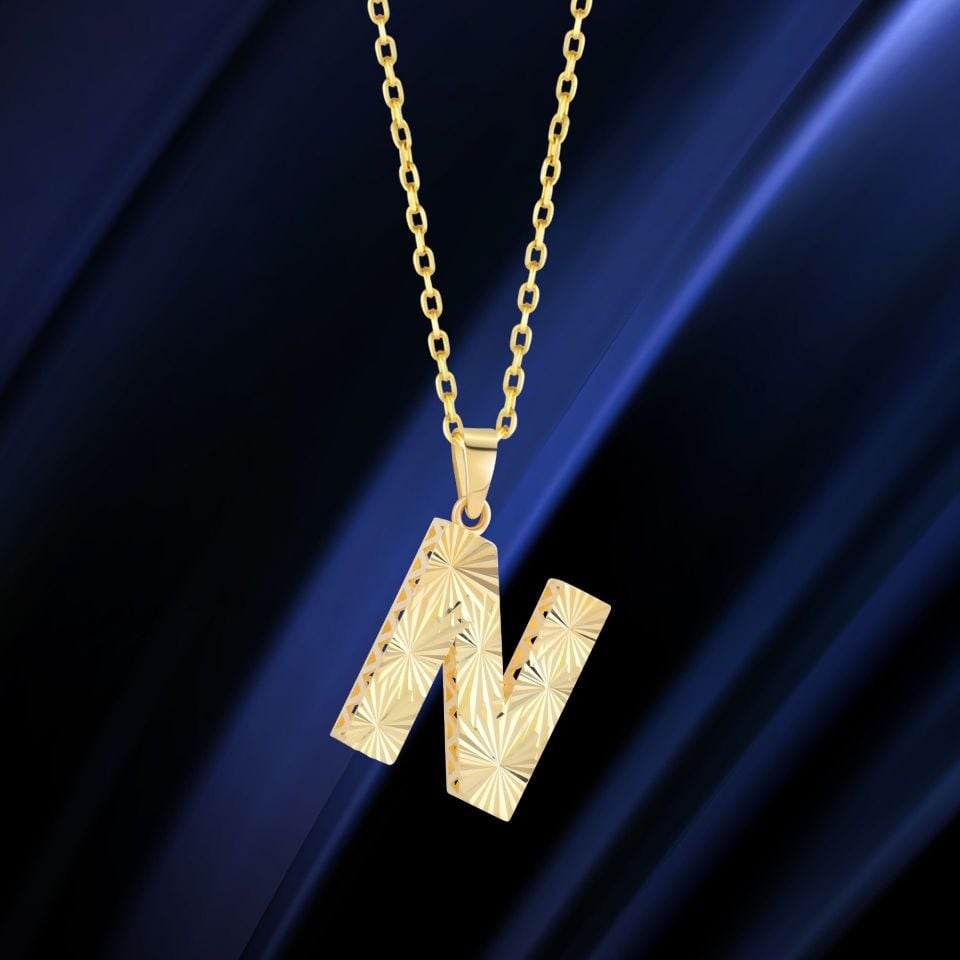 MOOM ÜCEVHERAT Kadın 14 Ayar Altın Harf Kolye A & Z Harfi Altın Kolye Zincirli Kalemli Işıltılı Desenli 42 cm N