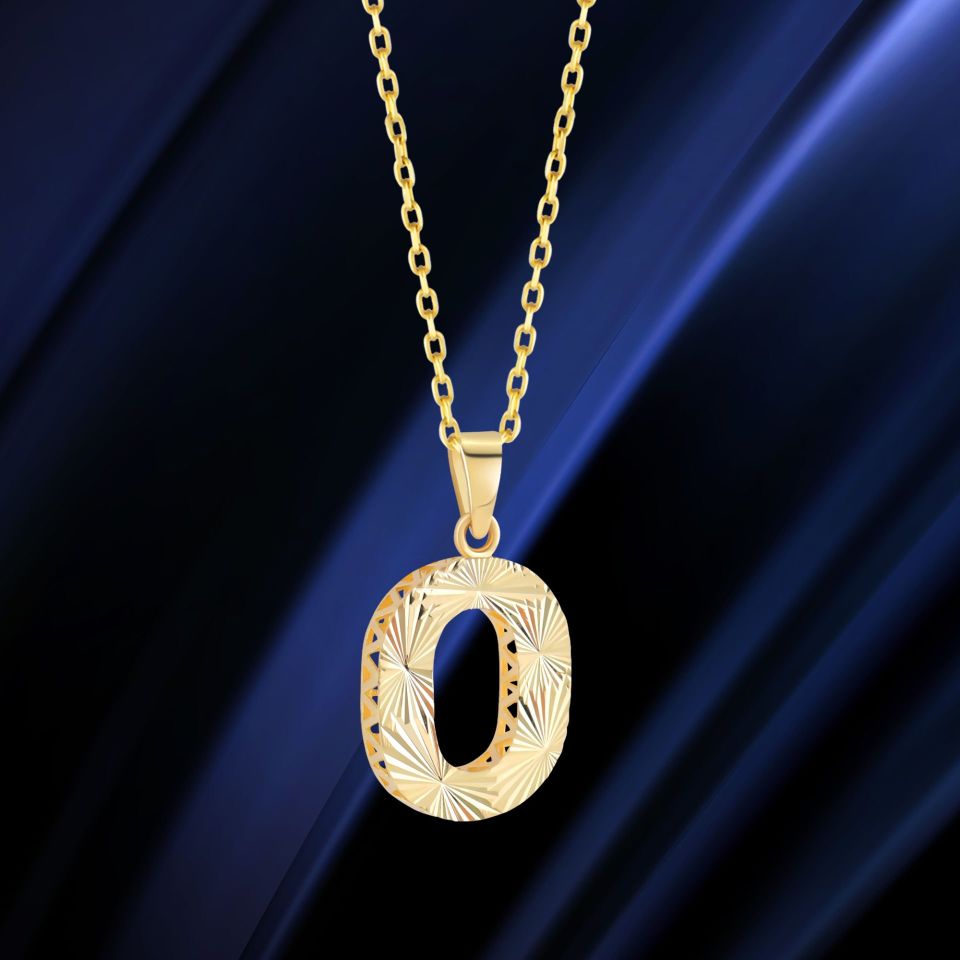 MOOM ÜCEVHERAT Kadın 14 Ayar Altın Harf Kolye A & Z Harfi Altın Kolye Zincirli Kalemli Işıltılı Desenli 42 cm O