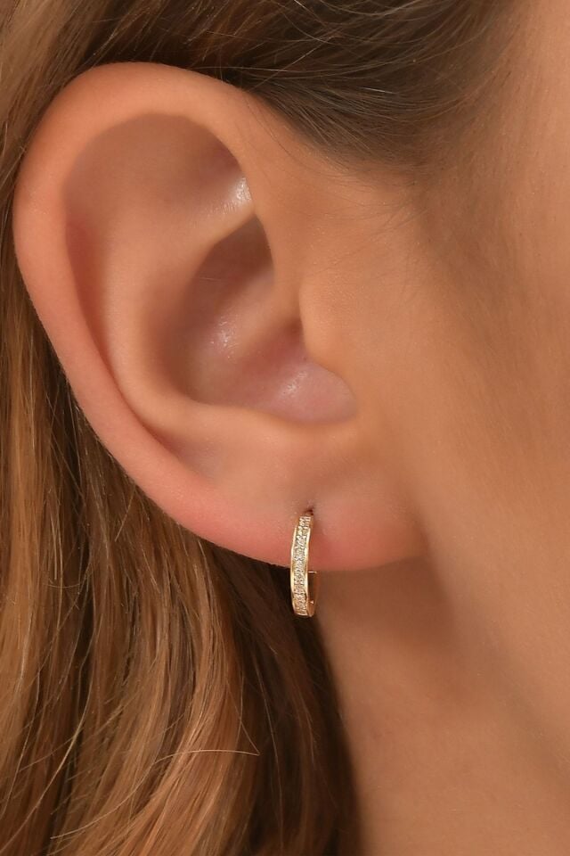14 Ayar Altın Minimalist Taşlı Halka Küpe 1.2 Cm