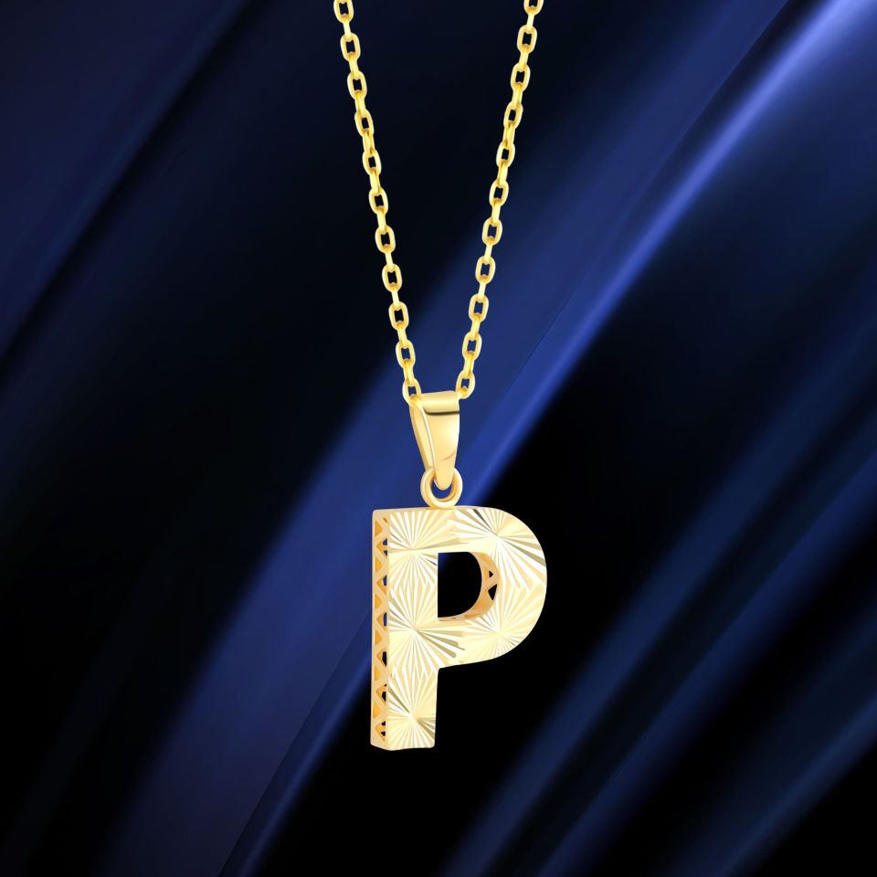 MOOM ÜCEVHERAT Kadın 14 Ayar Altın Harf Kolye A & Z Harfi Altın Kolye Zincirli Kalemli Işıltılı Desenli 42 cm P