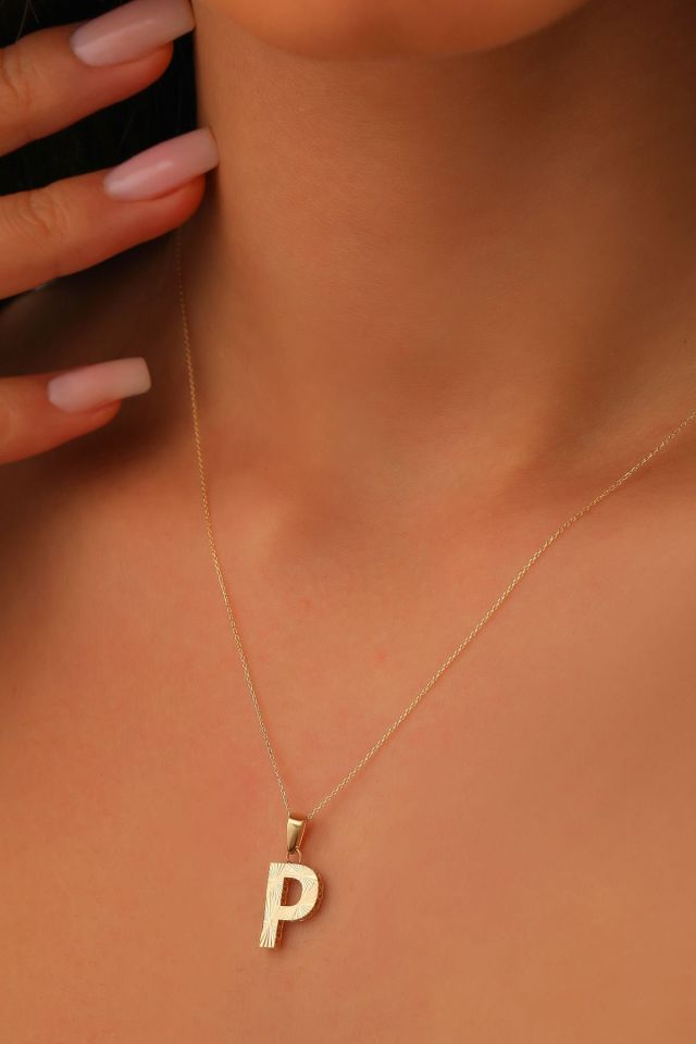 MOOM ÜCEVHERAT Kadın 14 Ayar Altın Harf Kolye A & Z Harfi Altın Kolye Zincirli Kalemli Işıltılı Desenli 42 cm P