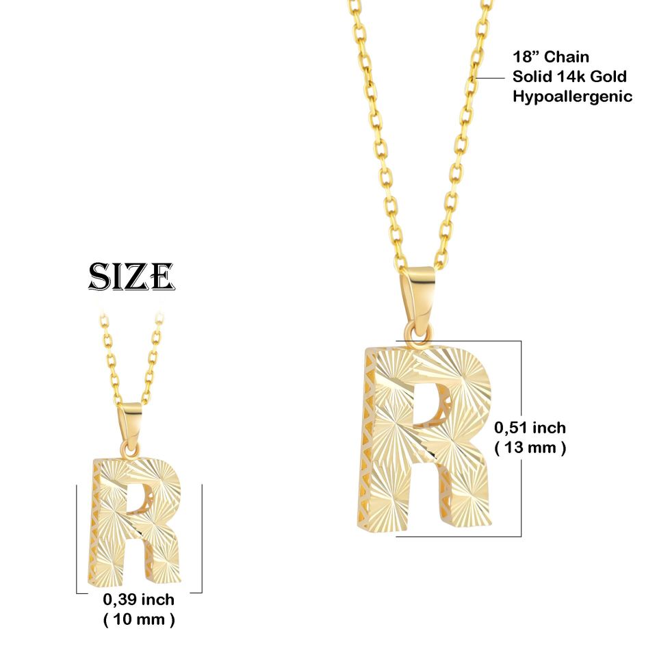 MOOM ÜCEVHERAT Kadın 14 Ayar Altın Harf Kolye A & Z Harfi Altın Kolye Zincirli Kalemli Işıltılı Desenli 42 cm R