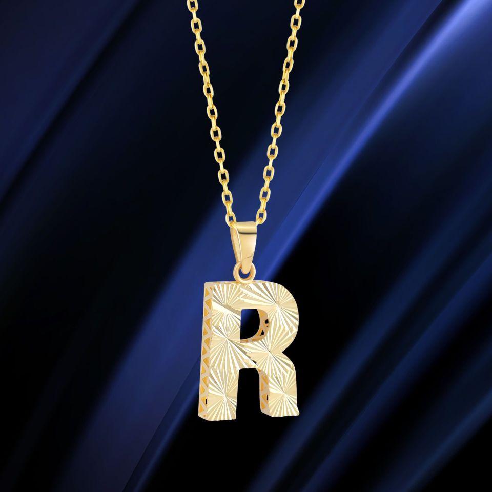 MOOM ÜCEVHERAT Kadın 14 Ayar Altın Harf Kolye A & Z Harfi Altın Kolye Zincirli Kalemli Işıltılı Desenli 42 cm R