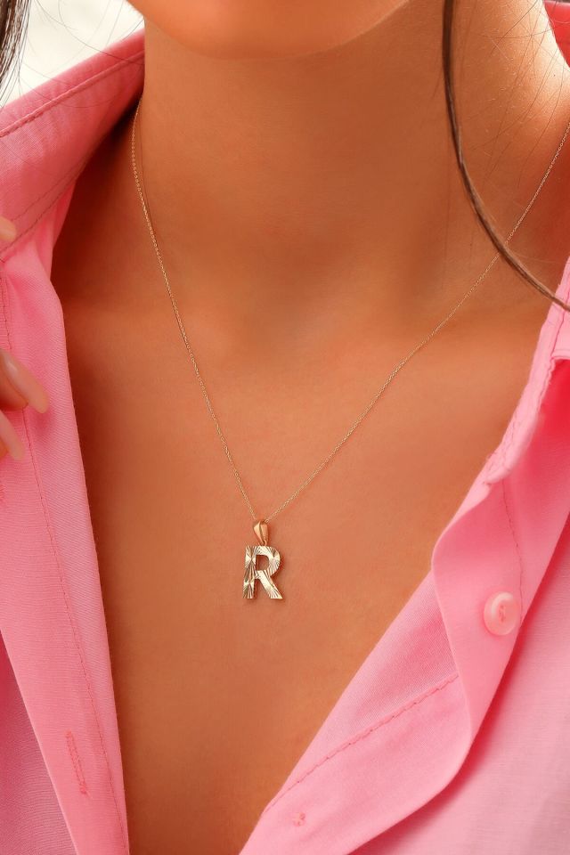 MOOM ÜCEVHERAT Kadın 14 Ayar Altın Harf Kolye A & Z Harfi Altın Kolye Zincirli Kalemli Işıltılı Desenli 42 cm R